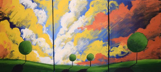 landscape triptych 3 panel  countryside original colourful sky abstract painting art canvas - 48 x 20 inches