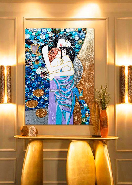 Mother and twins (Klimt inspired). Natural precious stones & mosaic