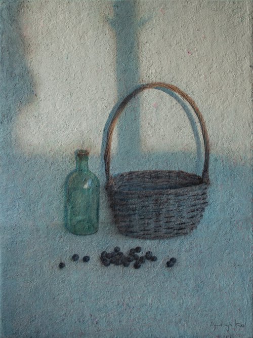 On a Sunny Evening with a Basket, Bottle and Blueberries by Andrejs Ko