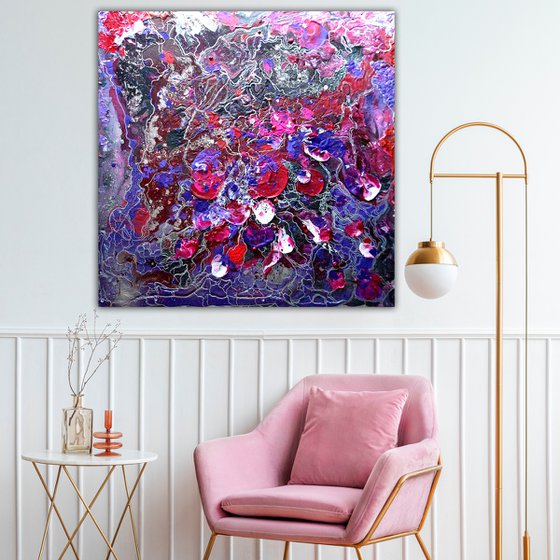 Rose soul - 100x100 cm Large abstract painting. Burgundy lilac wall art