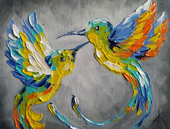 Lovers - oil painting, hummingbird, birds, love, animals oil painting, art bird, impressionism, palette knife, gift.