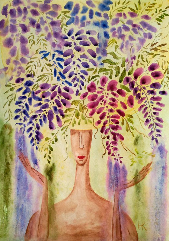 Lady in flower hat purple wisteria flowers original watercolor painting " Bright lady under the rain"