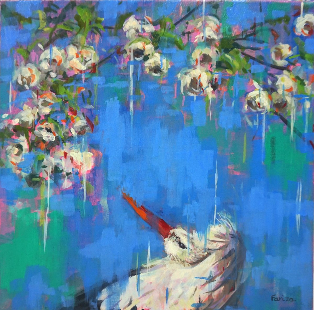 Impressionistic Animal Painting By Amaya Fernandez Fariza, 16 X 16, White Flowers, Original Artwork