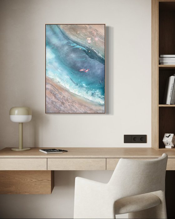 Teal Texture seascape with kayaks  2 90x60