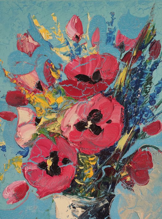 Field flowers with blue background (30x50cm, oil painting,  ready to hang)