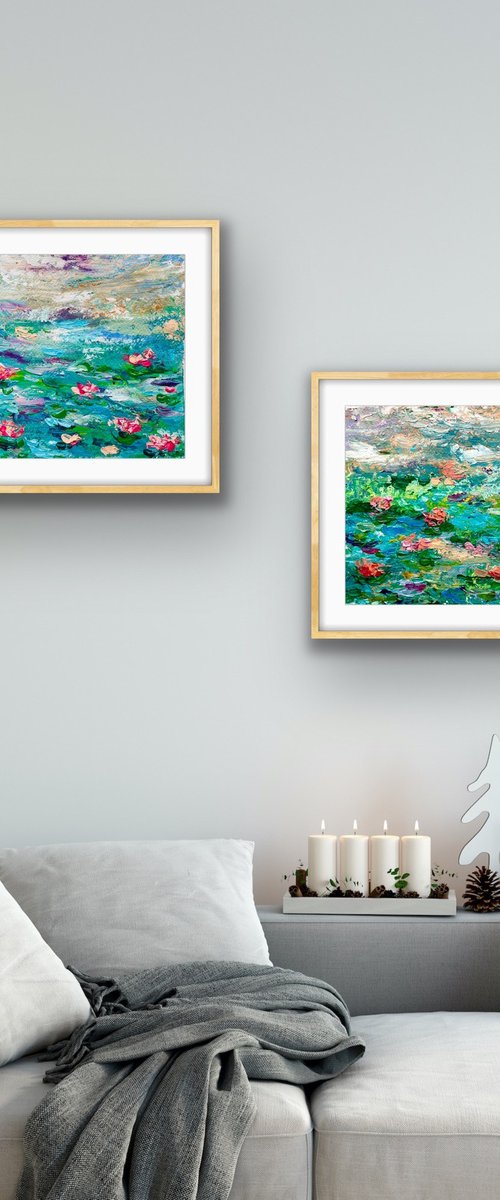 Blue Waterlily Pond - Diptych by Pooja Verma