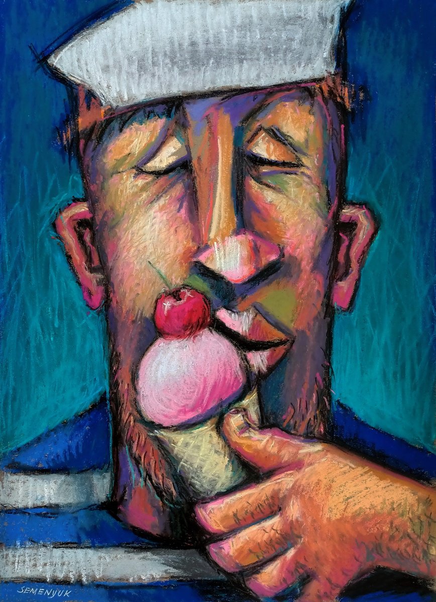 Impressionistic Portrait Pastel Drawing By Evgen Semenyuk, 16 X 20, Captain Of Cherry Ice Cream, Original Artwork