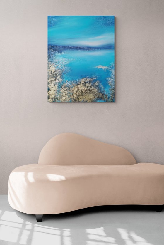 A XL large original modern semi-abstract painting "Blue Lagoon"