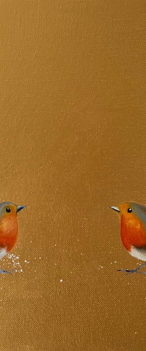 Two Robins ~ on gold by Laure Bury