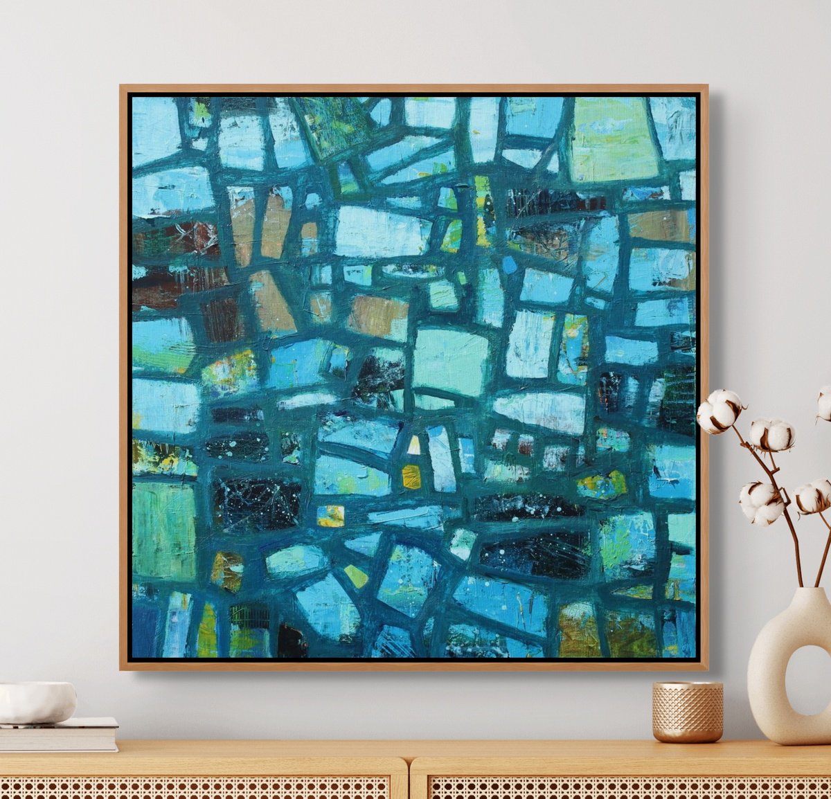 Geometric Abstract Acrylic Painting By Sage Mountain Studio, 30 X 30", Abstract In Midnight Blue, Original Artwork