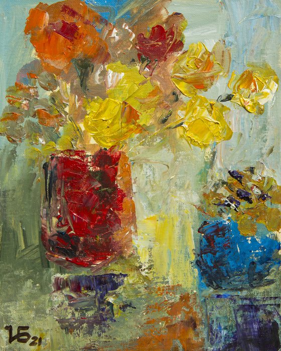 Small still life with yellow and orange flowers in the red vase