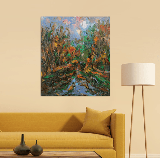 AUTUMN IN MOSCOW - landscape art, original painting oil on canvas, waterscape, pond fall, home decor