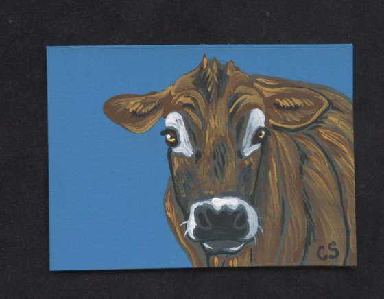 ACEO ATC Original Painting Brown Cow Farmyard Animal Pet  Art-Carla Smale