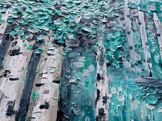 Teal Afternoon - Tree Painting On Canvas, Framed wall art, Teal blue Blomming painting, Heavy Textured art