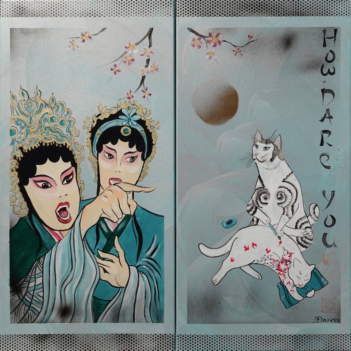 Geisha yelling at Cat-artist J260 - silver teal diptych, original art, japanese style pain... by Ksavera