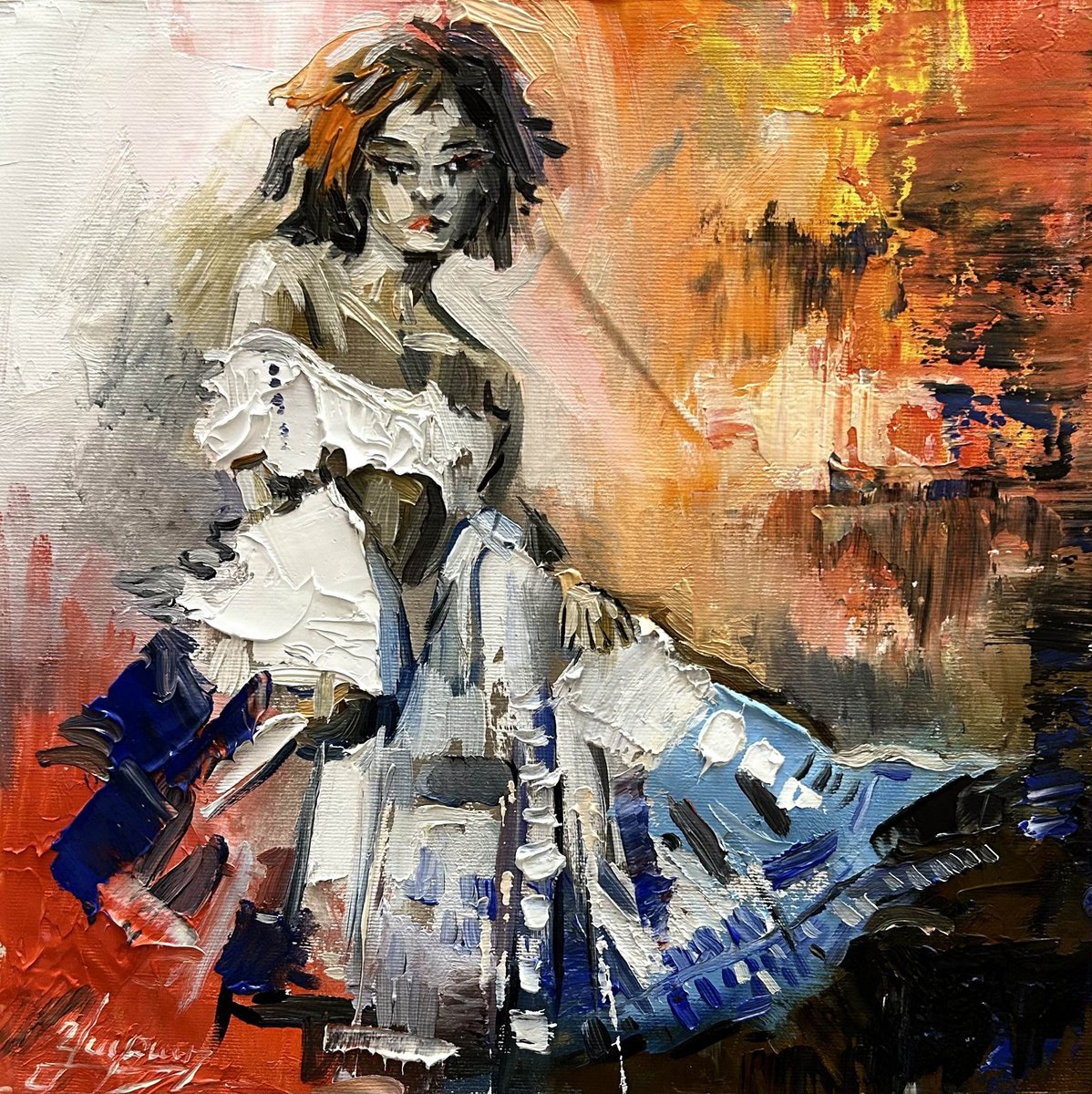 Impressionistic Portrait Oil Painting By Vahe Bagumyan, 12 X 12", Echoes Of Solitude, Original Artwork