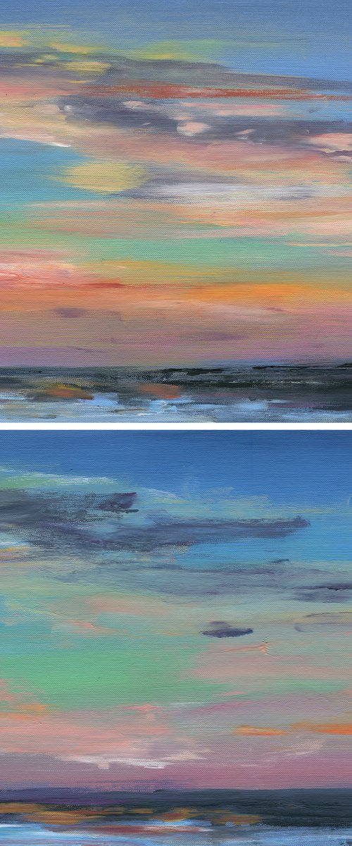 Contemporary acrylic abstract landscapes , coastal dyptych beach wall decor for living room  sea painting medium format gift idea by Irina Povaliaeva