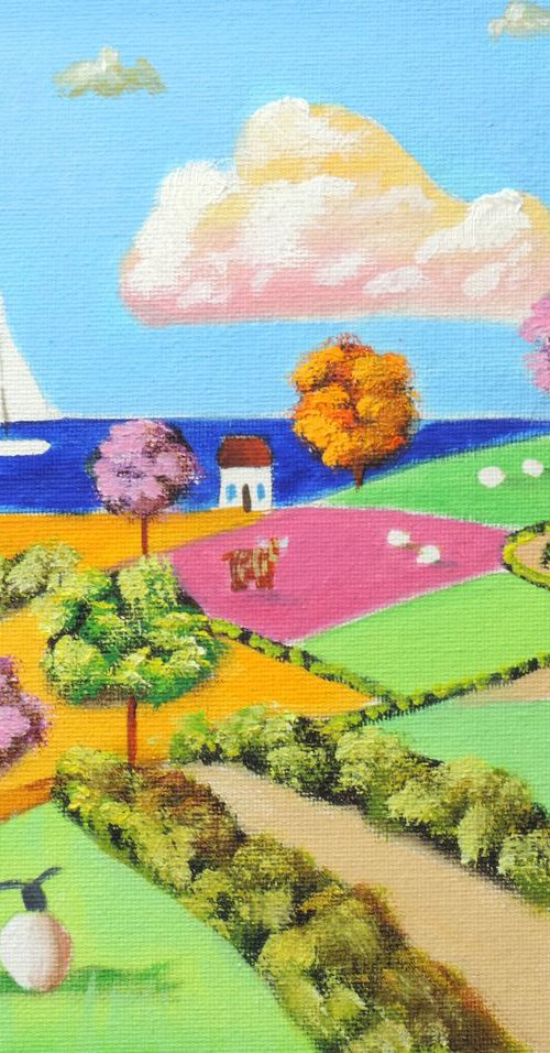 Highland cow and a lighthouse folk art landscape by Gordon Bruce