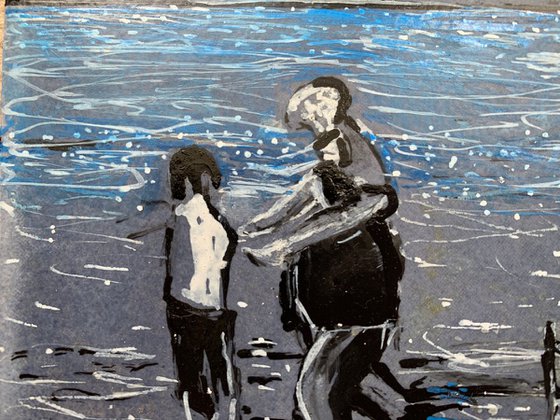 Holiday Acrylic Painting of Man and Children in the Sea Art Home Decor Gift Ideas
