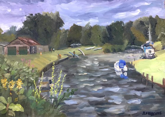 Canoeing and rowing on the river - an oil painting