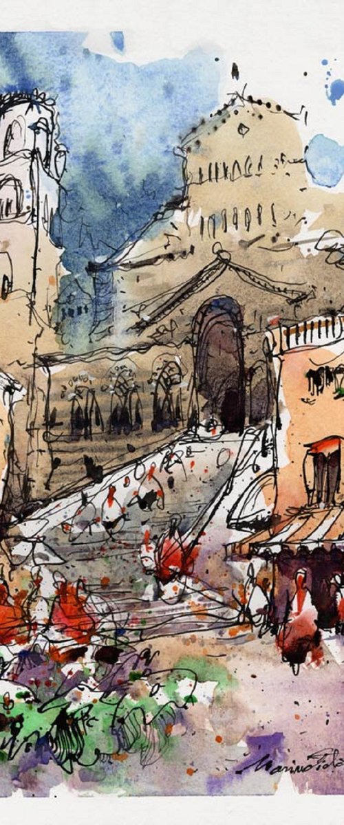 Amalfi, ink and watercolor. by Marin Victor