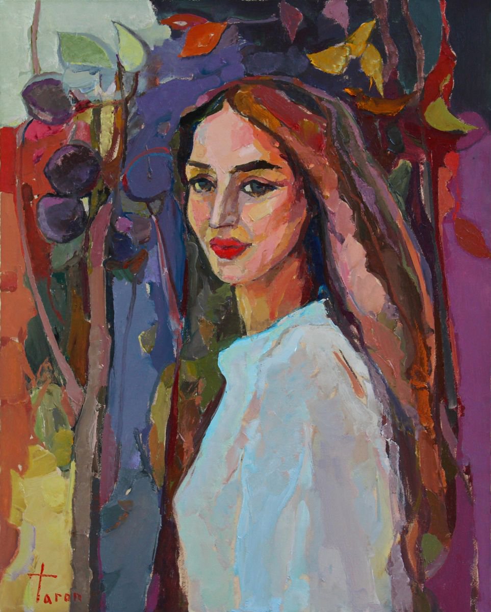 Abstract Portrait Oil Painting By Taron Khachatryan, 16 X 20", Autumn Notes, Original Artwork