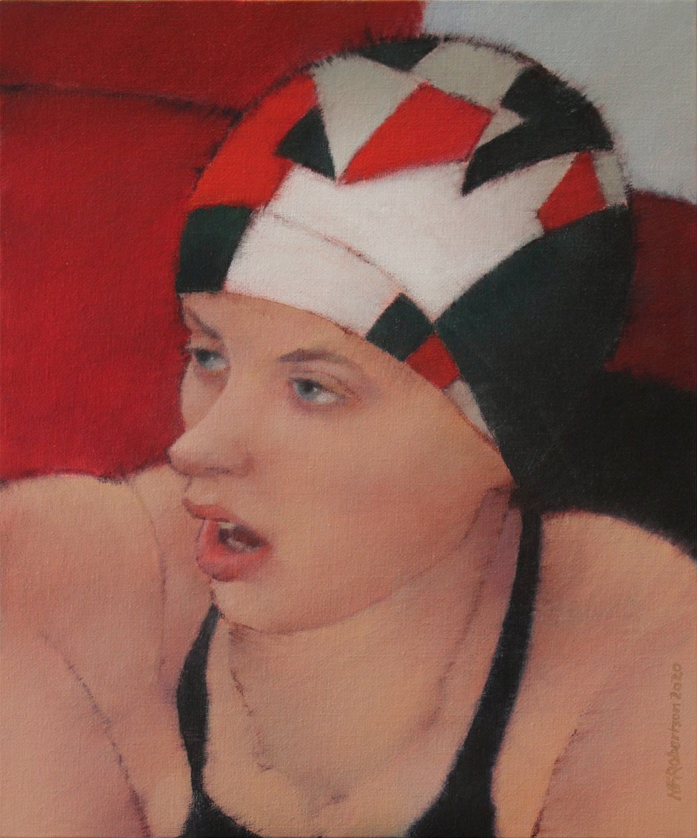 Expressive Portrait Acrylic Painting By Nicholas Robertson, 10 X 12", Startled Bather, Original Artwork