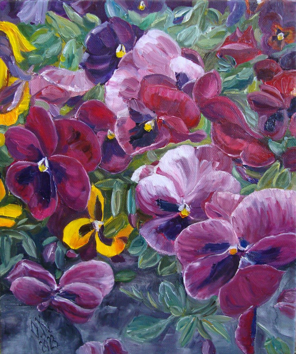 Impressionistic Botanical Oil Painting By Olga Knezevic, 10 X 12", Heartsease, Original Artwork