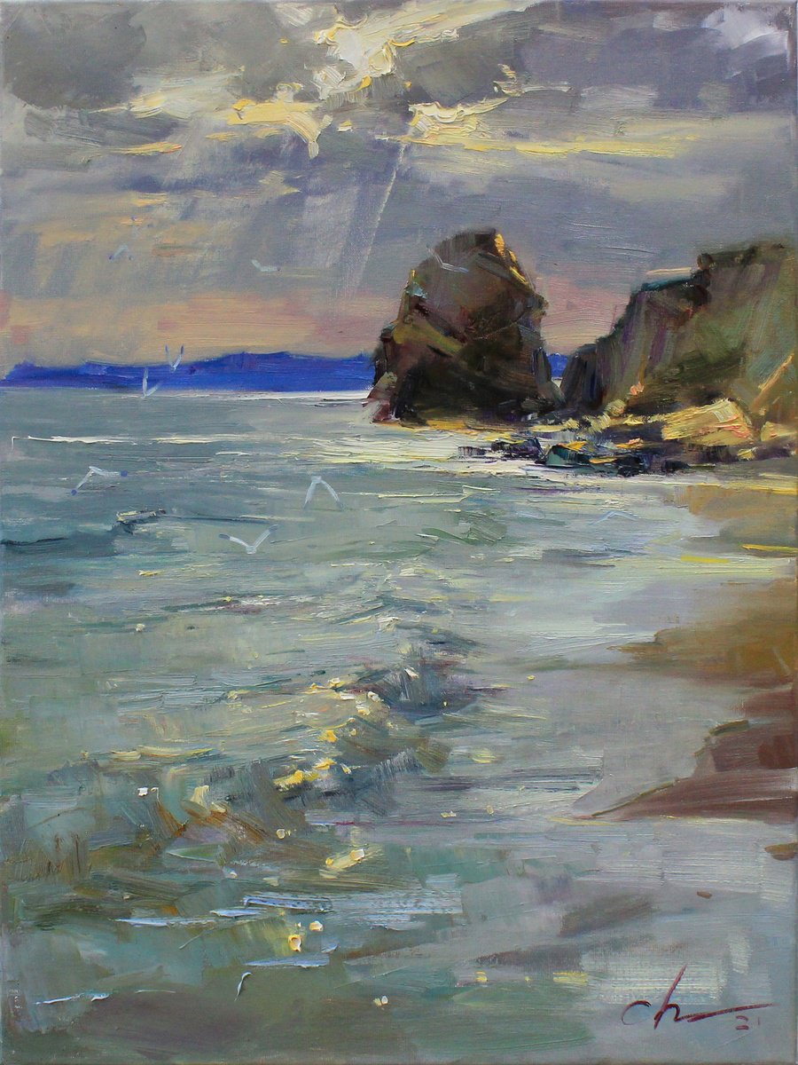 Impressionistic Landscape Oil Painting By Serhii Cherniakovskyi, 24 X 31", Sea Lights, Original Artwork
