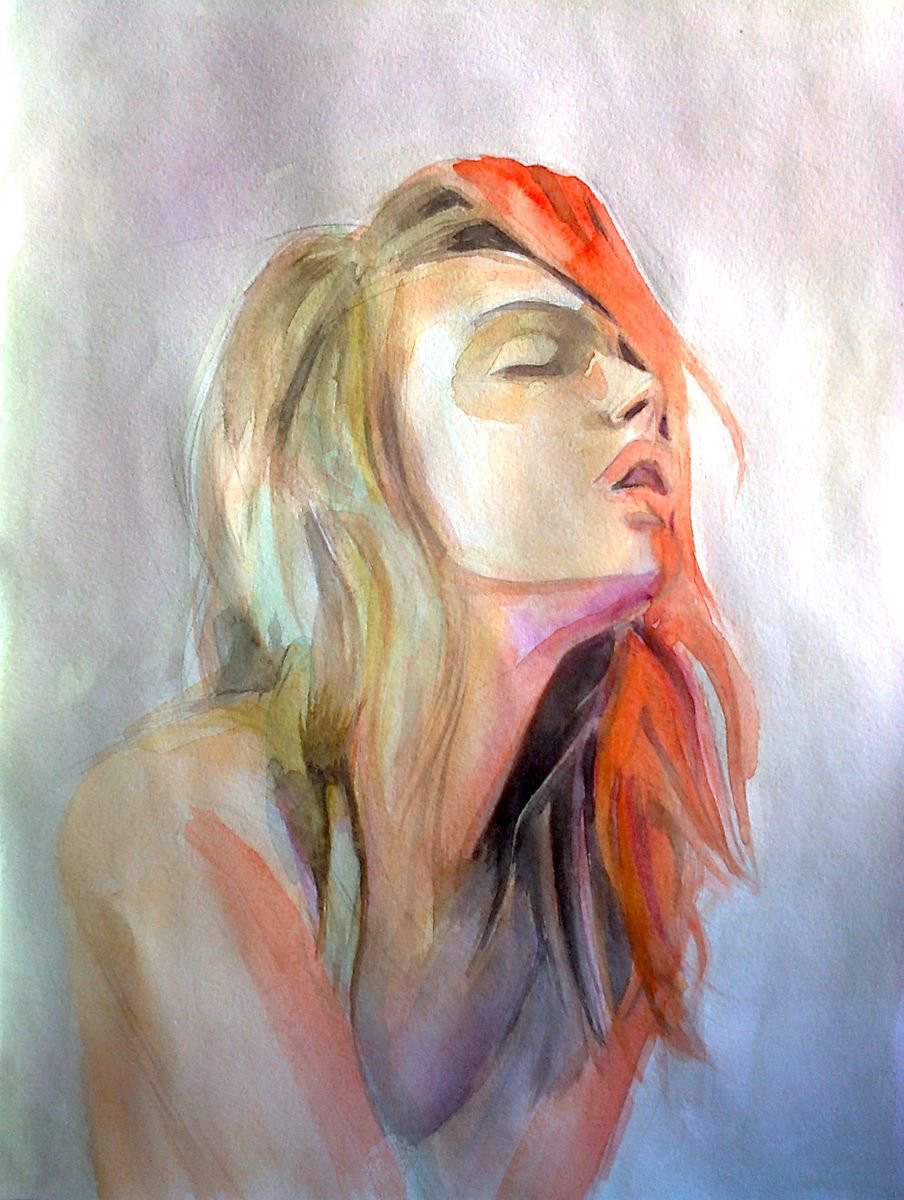 Impressionistic Portrait Watercolour By Kamsar Ohanyan, 12 X 17", Girl Portrait, Original Artwork