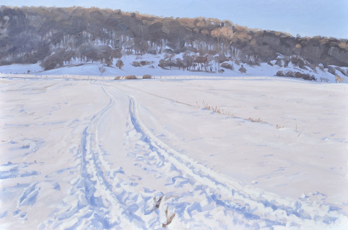 Snowy path in Saint Vincent, evening light by ANNE BAUDEQUIN
