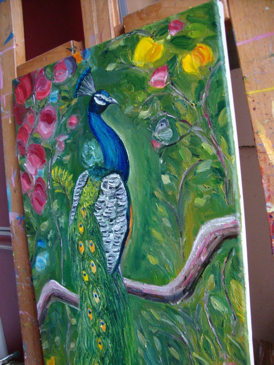 Impressionistic Animal Oil Painting By Olga Knezevic, 12 X 20", Mr. Peacock, Original Artwork