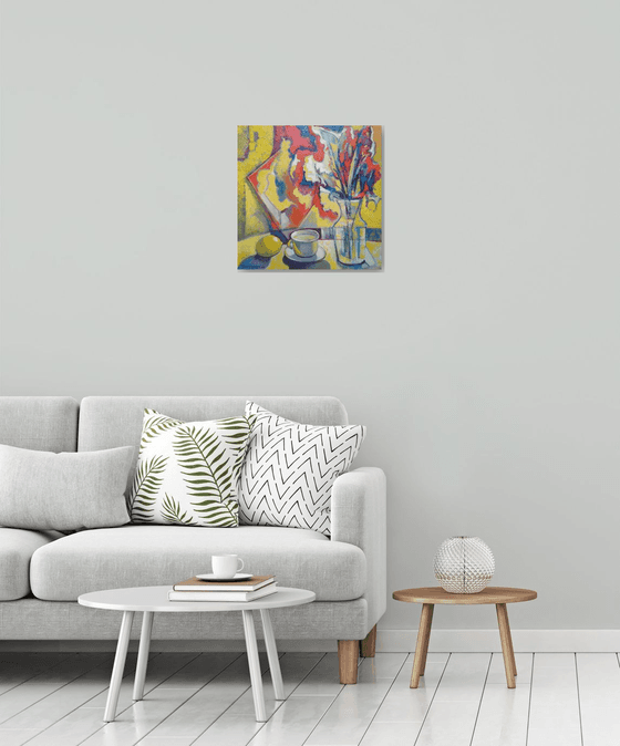 Yellow still life (50x50cm, cubism, oil painting, ready to hang)