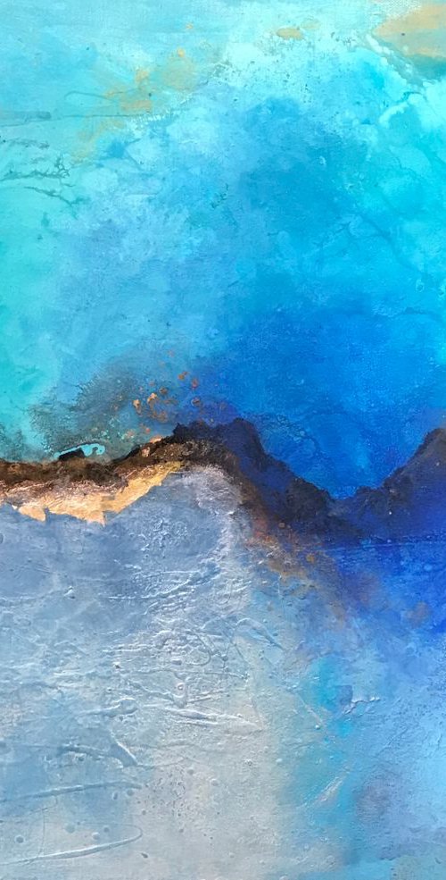 Turquoise blue abstract painting atmospheric ocean with gold leaf "It's only water" by Henrieta Angel