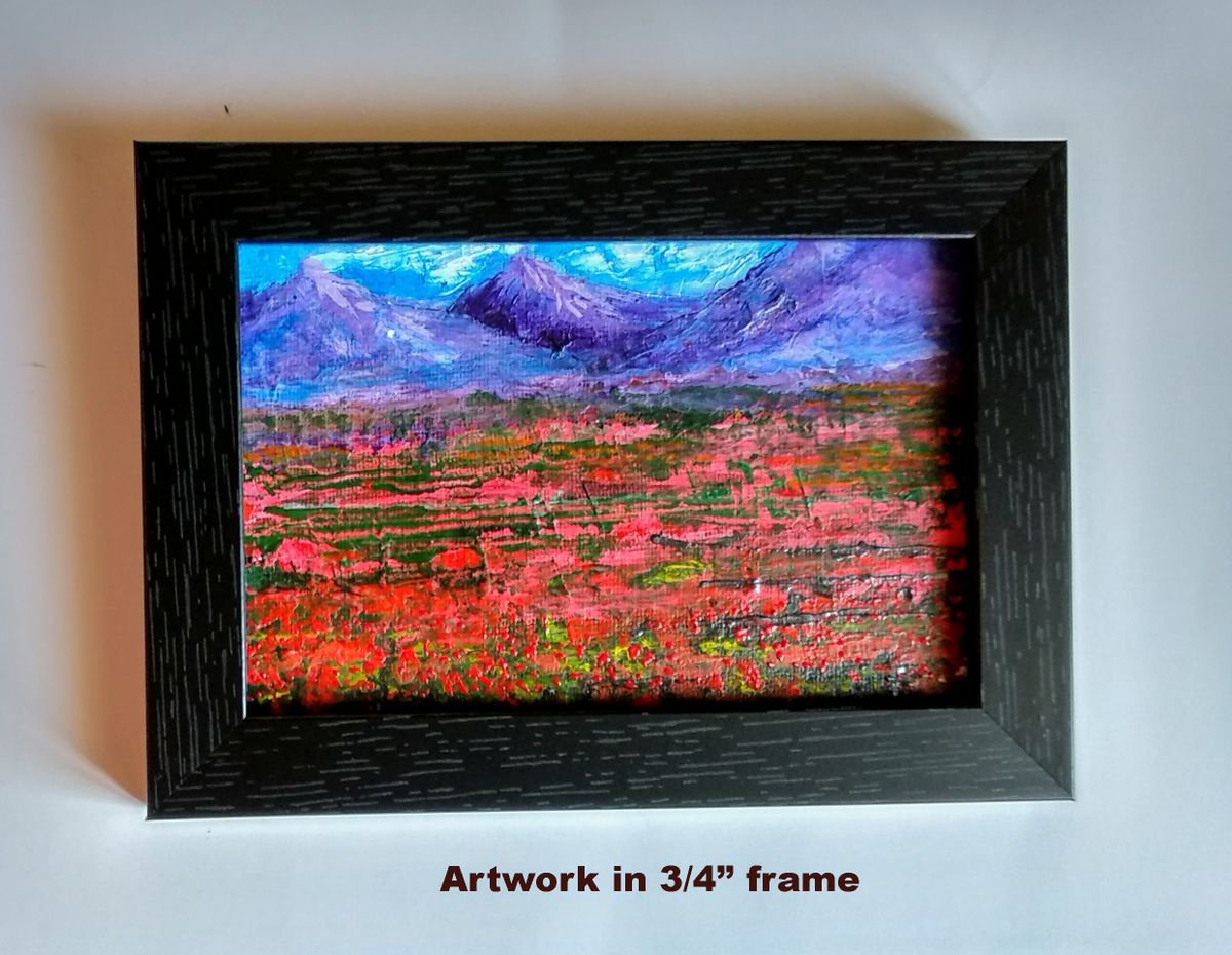 Miniature Landscape - Poppy fields 4x 6 Acrylic on canvas board by Asha Shenoy