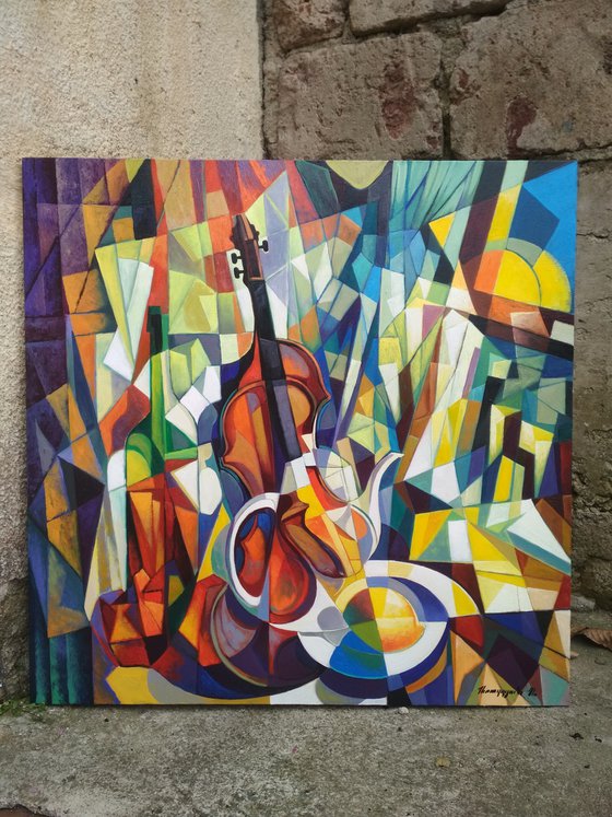 still life with violin (80x80cm, cubism, oil painting, ready to hang)