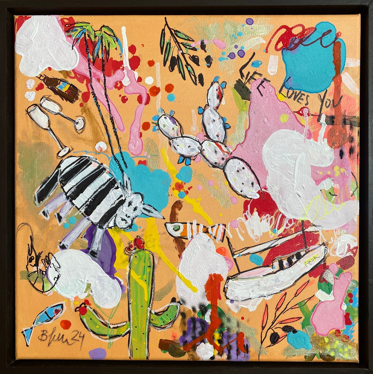 Abstract Acrylic Painting By Bea Schubert, 17 X 17, Life Loves You No.4 (Framed), Original Artwork