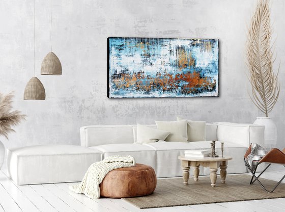 WINTER MORNING * 63" x 31.5" * ACRYLIC PAINTING ON CANVAS * WHITE * BLUE * GOLD