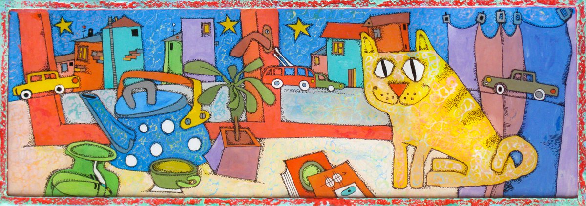 Cityscapes Acrylic Painting By Nikita Ostapenco, 28 X 10", On The Windowsill #2, Original Artwork