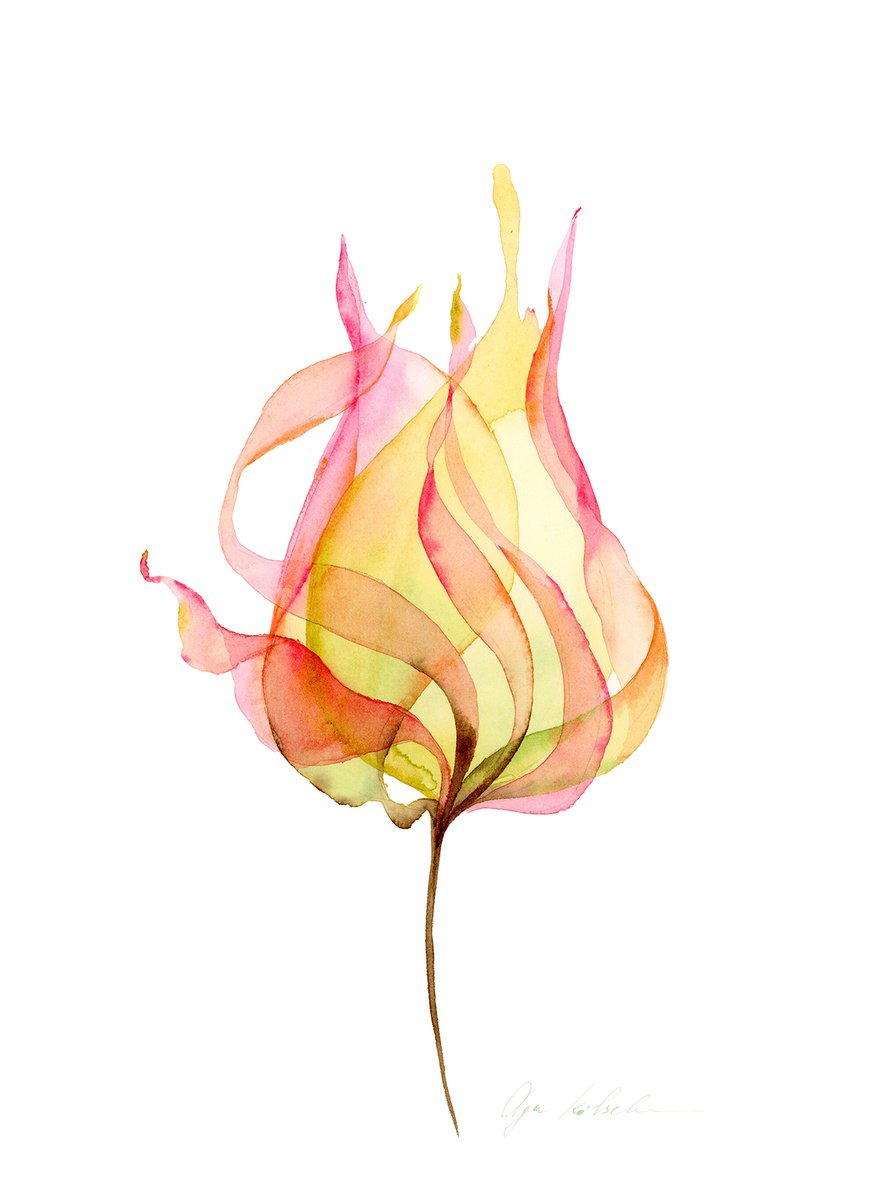 Impressionistic Botanical Watercolour By Olga Koelsch, 9 X 12", Abstract Xray Flower, Original Artwork