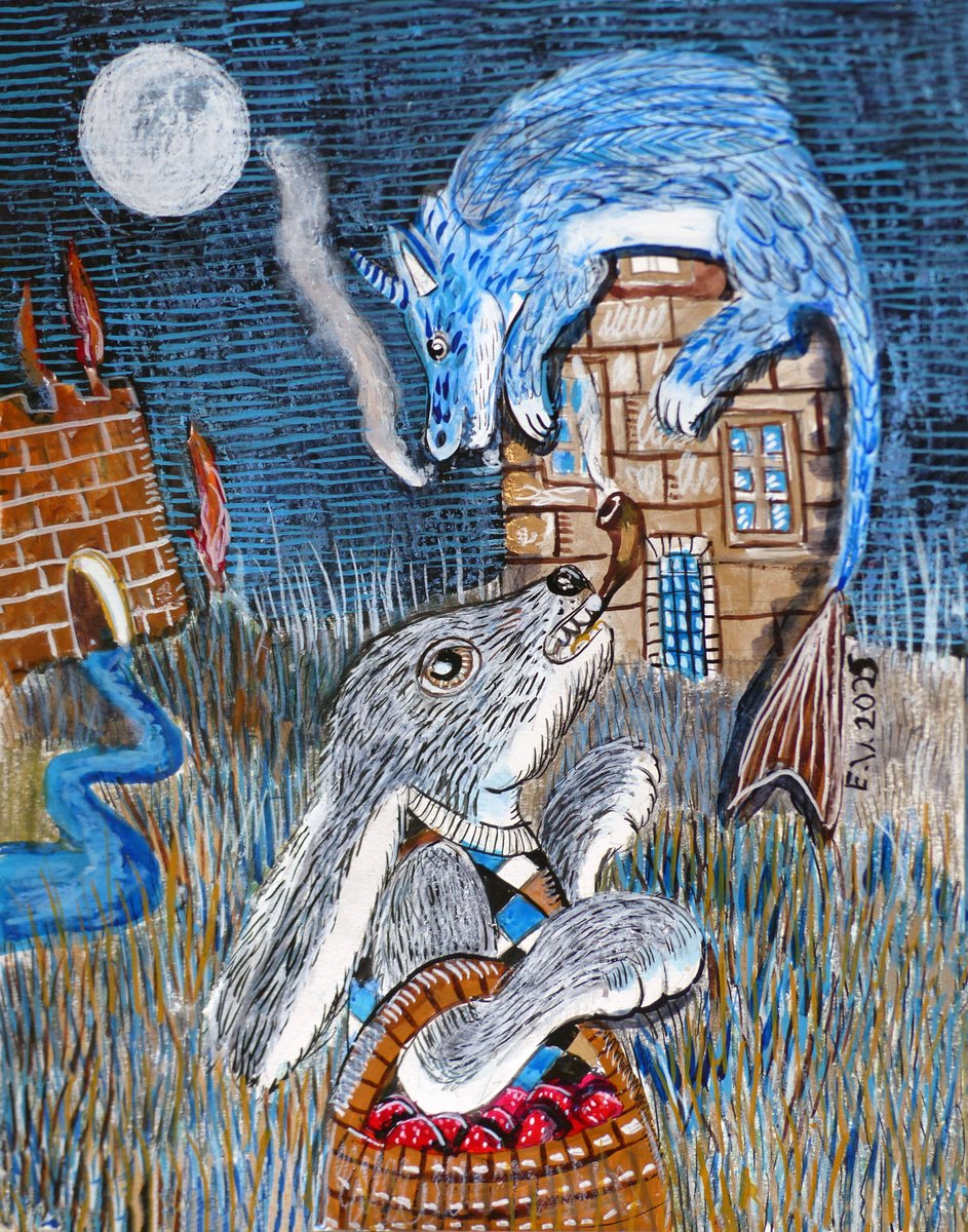 Surrealistic Animal Painting By Elizabeth Vlasova, 11 X 14, Bunny And Dragon, Original Artwork