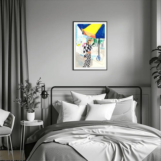 Woman Under Blue and Yellow Umbrella