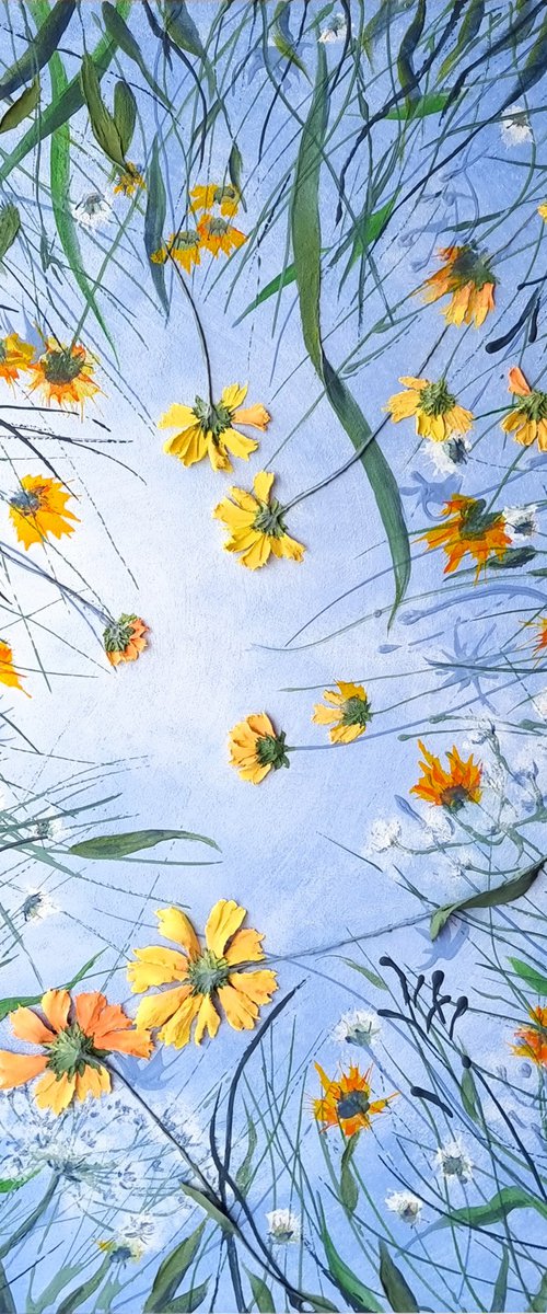 Resting Under Gaillardia Flowers in a summer meadow. Relief landscape with a green herbs and yellow textured wildflowers by Irina Stepanova