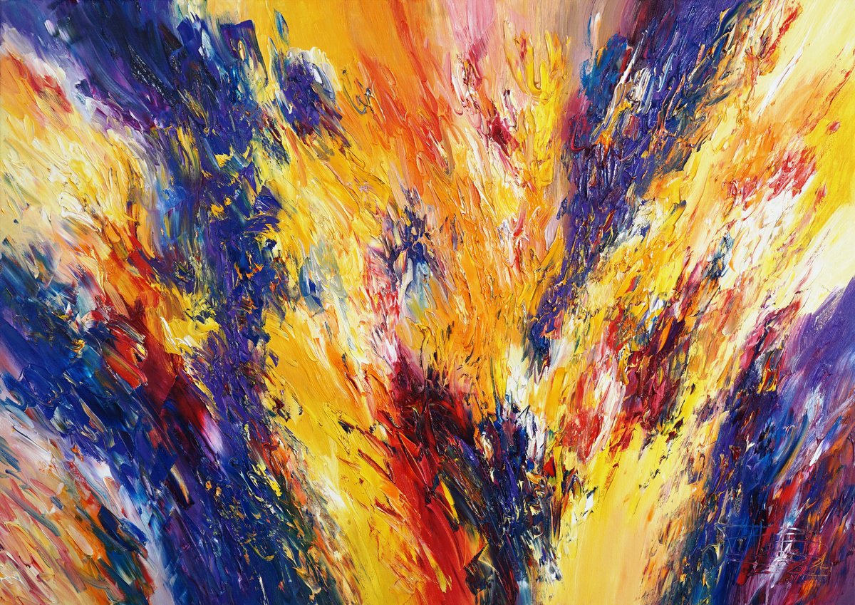 Abstract Acrylic Painting By Peter Nottrott, 47 X 33", Energy Flames M 1 / Oil, Original Artwork