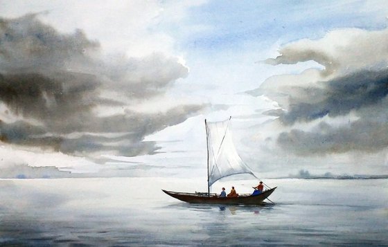 Cloudy River & Boat - Watercolor painting on paper