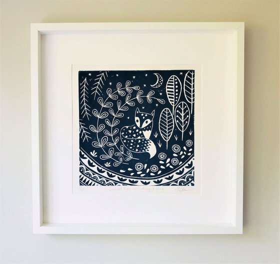 Daniel Fox in midnight blue, scandinavian folk art, limited edition