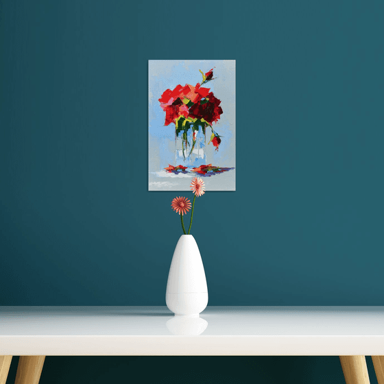 Modern still life oil painting. Abstract red flowers