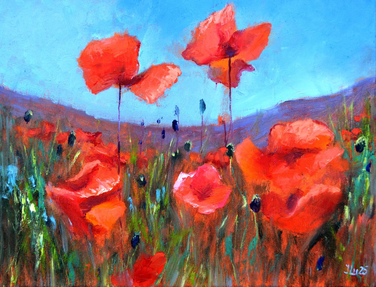 Impressionistic Botanical Oil Painting By Elena Lukina, 18 X 14, Coral Poppies, Original Artwork
