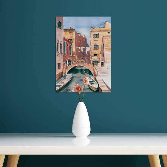 Venice. Original watercolor. Italy sea red colors bright urban city landscape small size impressionism