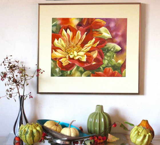a painting a day #40 "yellow and red dahlias"